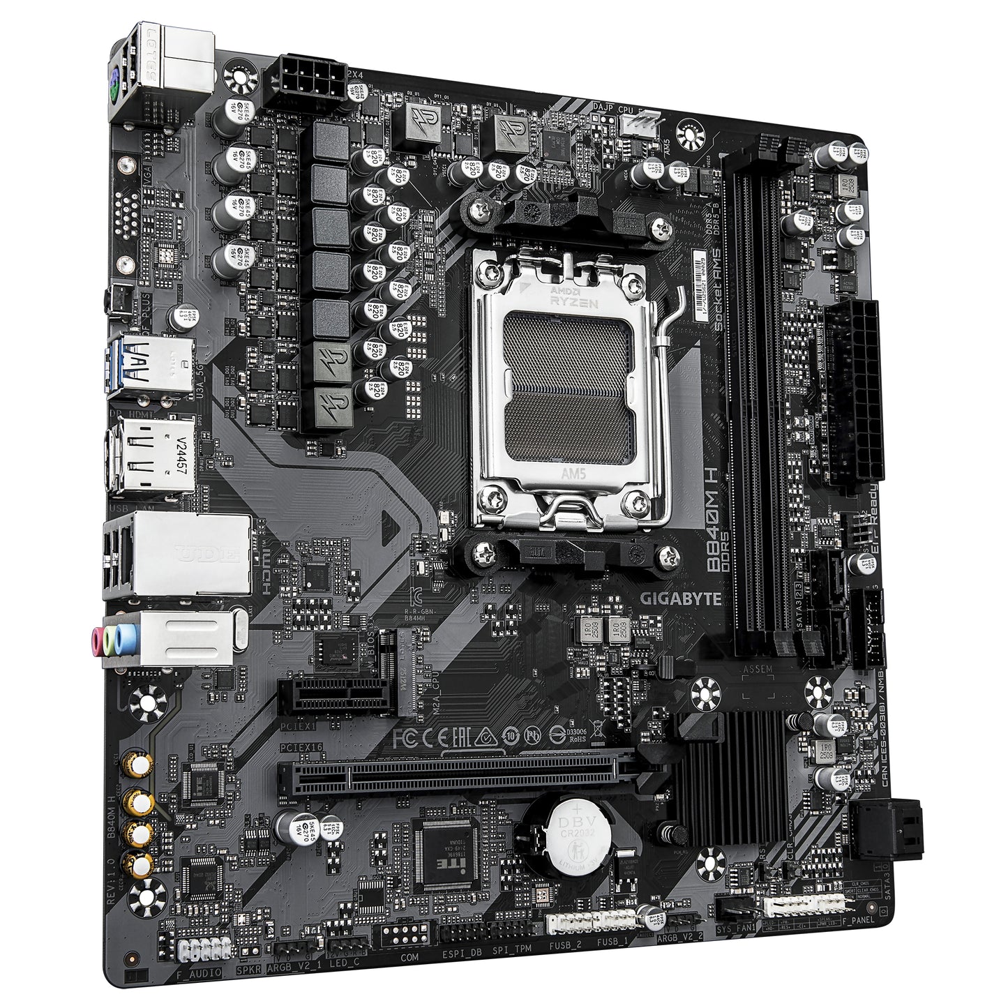 GIGABYTE B840M H Placa Base - Procesadores AMD Ryzen 9000, VRM de 5+2+2 fases, hasta 7200MHz DDR5 (O.C), 1xPCIe 4.0 M.2, LAN 1GbE, USB 3.2 Gen 1