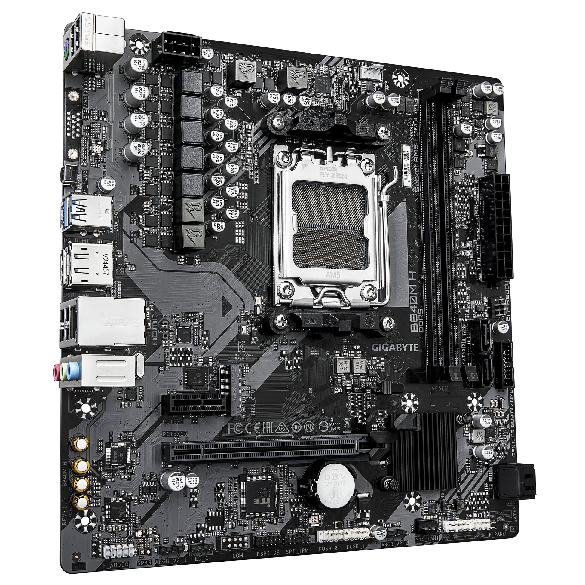 GIGABYTE B840M H Placa Base - Procesadores AMD Ryzen 9000, VRM de 5+2+2 fases, hasta 7200MHz DDR5 (O.C), 1xPCIe 4.0 M.2, LAN 1GbE, USB 3.2 Gen 1