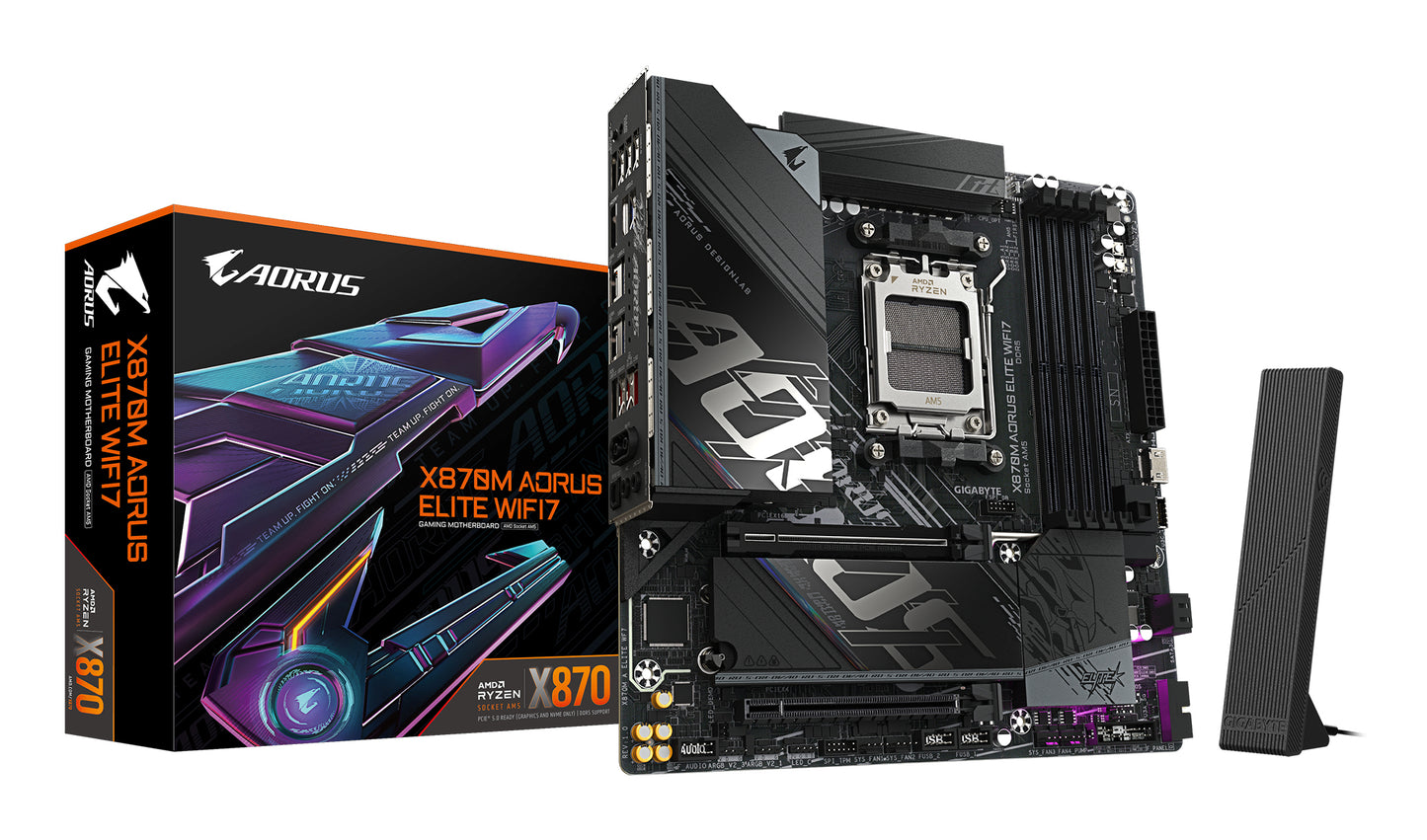 GIGABYTE X870M AORUS ELITE WIFI7 Placa Base – Compatible con procesadores AMD Ryzen 9000, VRM digital de 14+2+2 fases, hasta 8200 MHz DDR5 (OC), 1 x PCIe 5.0 + 1 x PCIe 4.0, Wi-Fi 7, LAN 2.5 GbE, USB 4