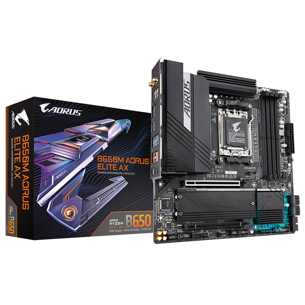 GIGABYTE B650M AORUS ELITE AX Placa base - AMD Ryzen serie 9000, VRM de 12+2+1 fases, hasta 8000 MHz DDR5 (OC), 1xPCIe 5.0 + 1xPCIe 4.0 M.2, LAN 2,5 GbE, WIFI 6E, USB 3.2 Gen 2