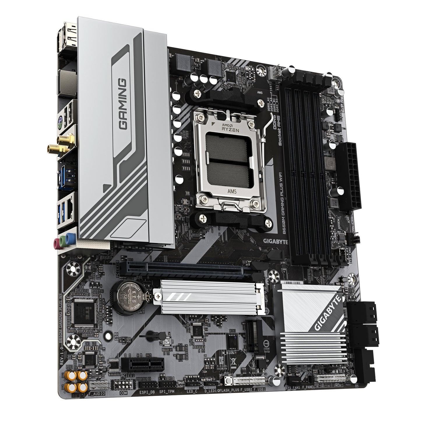 GIGABYTE B650M GAMING PLUS WIFI Placa base - Procesadores AMD Ryzen 9000, VRM de 5+2+2 fases, hasta 8000 MHz DDR5, 2xPCIe 4.0 M.2, LAN 2.5GbE, WIFI 6E, USB 3.2 Gen 1