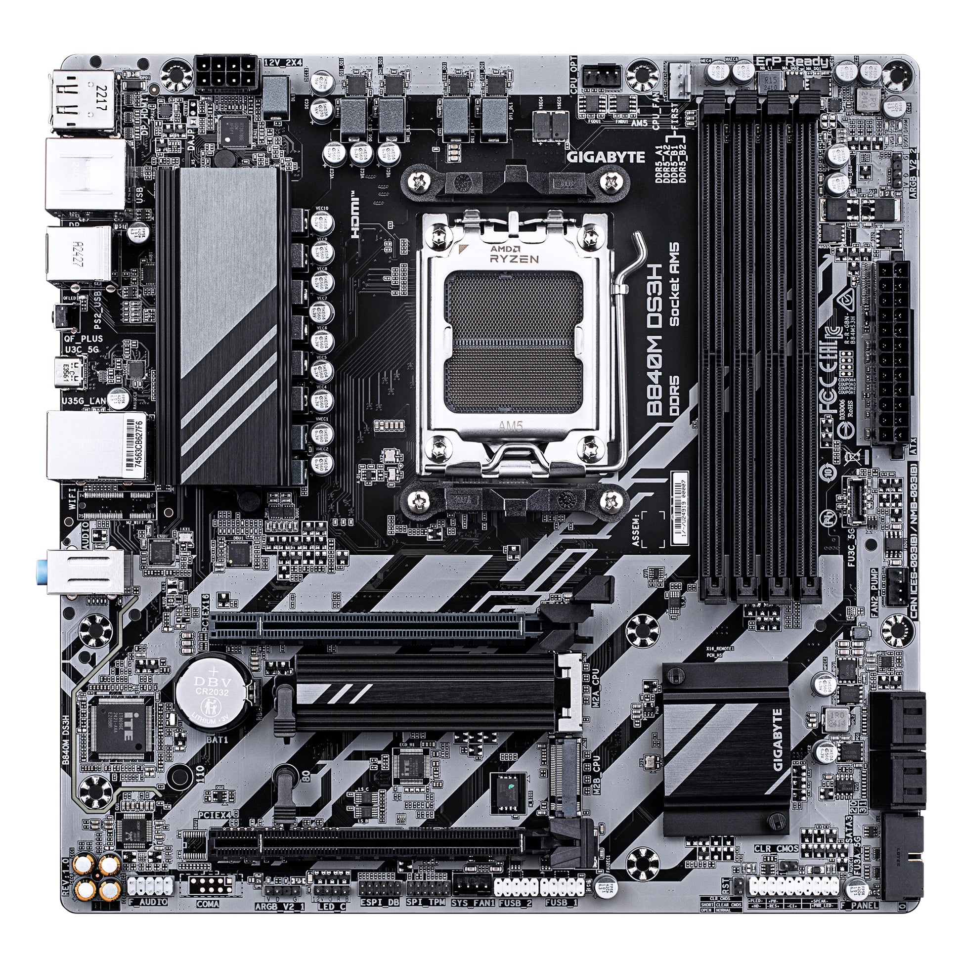 GIGABYTE B840M DS3H Placa base - Procesadores AMD Ryzen 9000, VRM de 8+2+2 fases, hasta 8200 MHz DDR5, 2xPCIe 4.0 M.2, LAN 2.5GbE, USB 3.2 Gen 1
