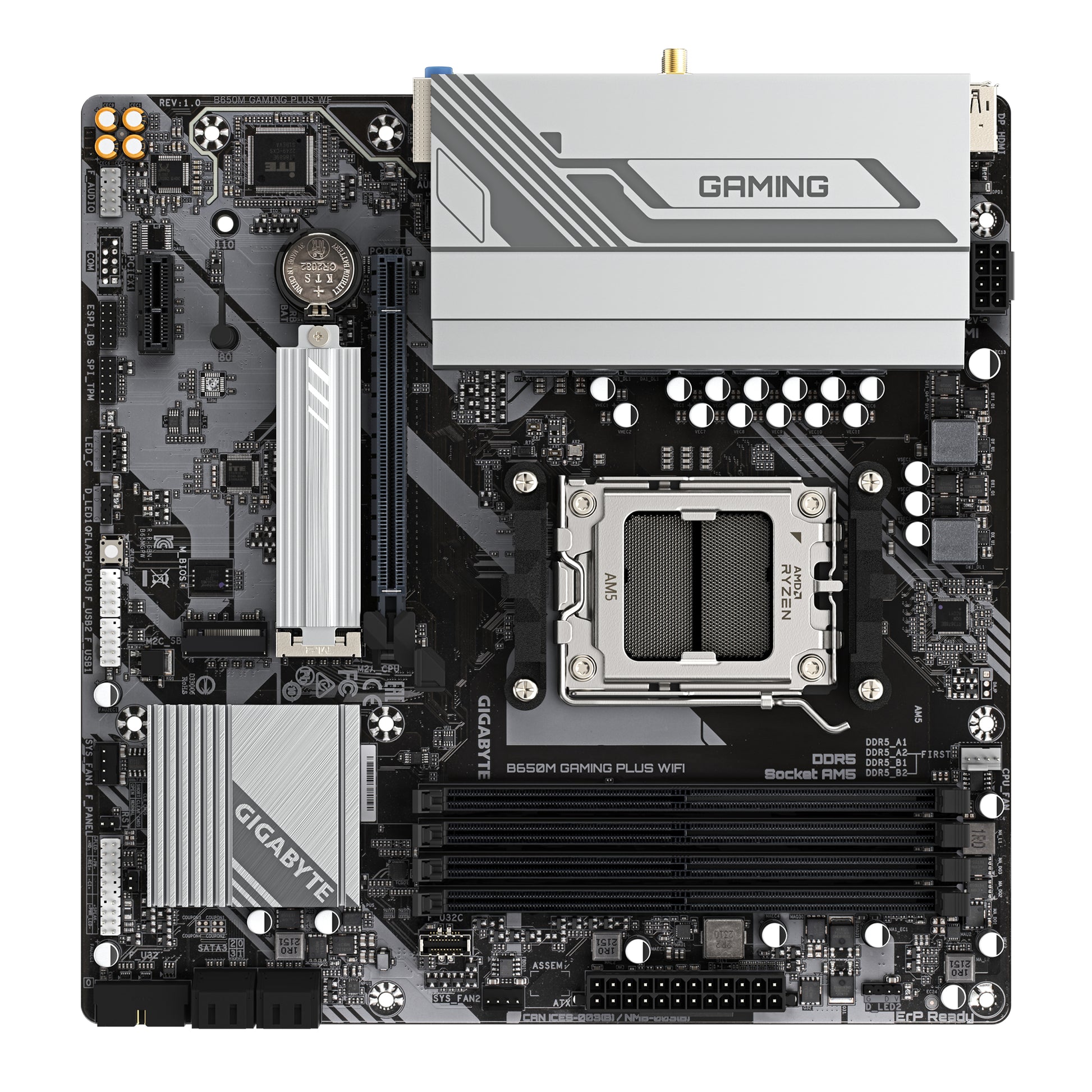 GIGABYTE B650M GAMING PLUS WIFI Placa base - Procesadores AMD Ryzen 9000, VRM de 5+2+2 fases, hasta 8000 MHz DDR5, 2xPCIe 4.0 M.2, LAN 2.5GbE, WIFI 6E, USB 3.2 Gen 1