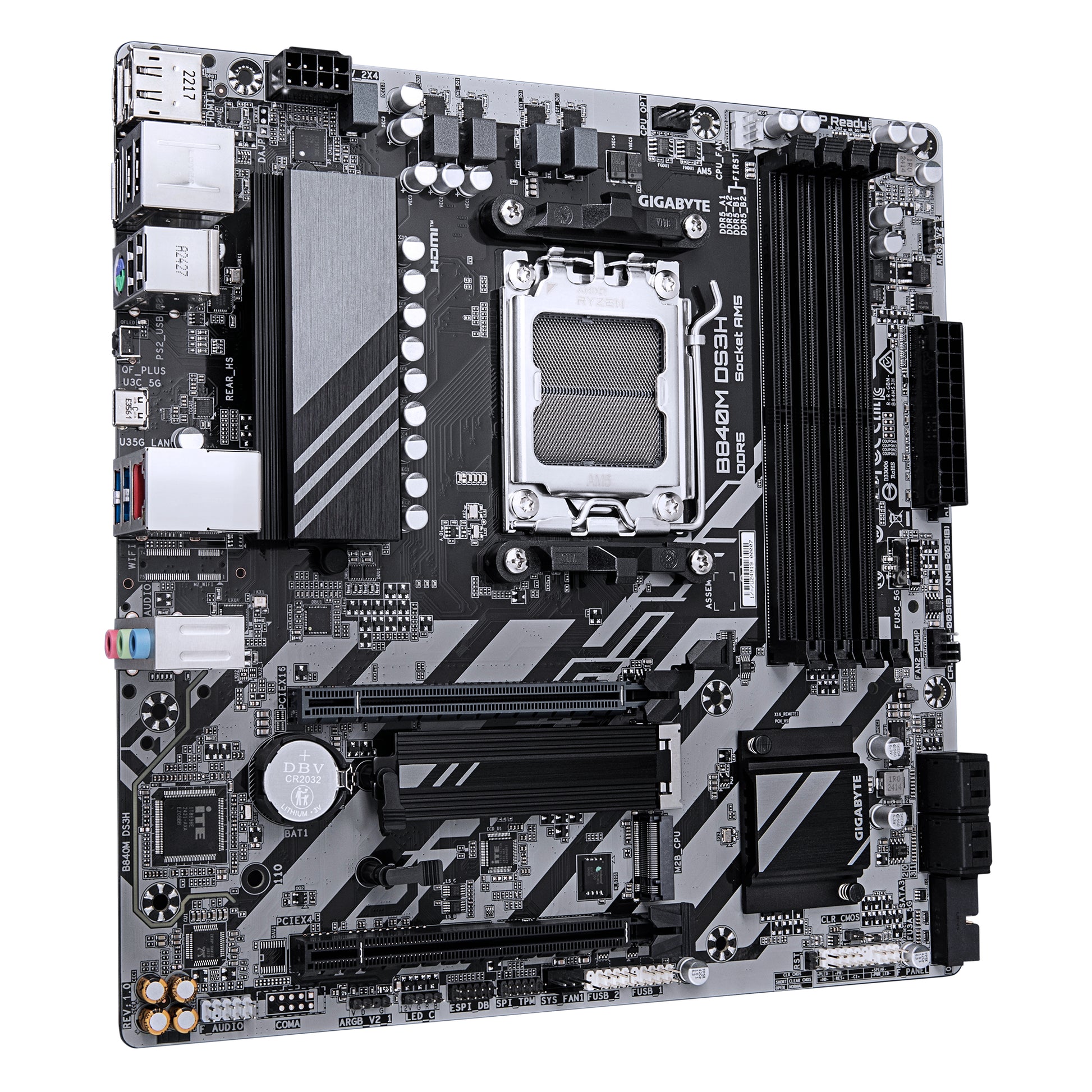 GIGABYTE B840M DS3H Placa base - Procesadores AMD Ryzen 9000, VRM de 8+2+2 fases, hasta 8200 MHz DDR5, 2xPCIe 4.0 M.2, LAN 2.5GbE, USB 3.2 Gen 1