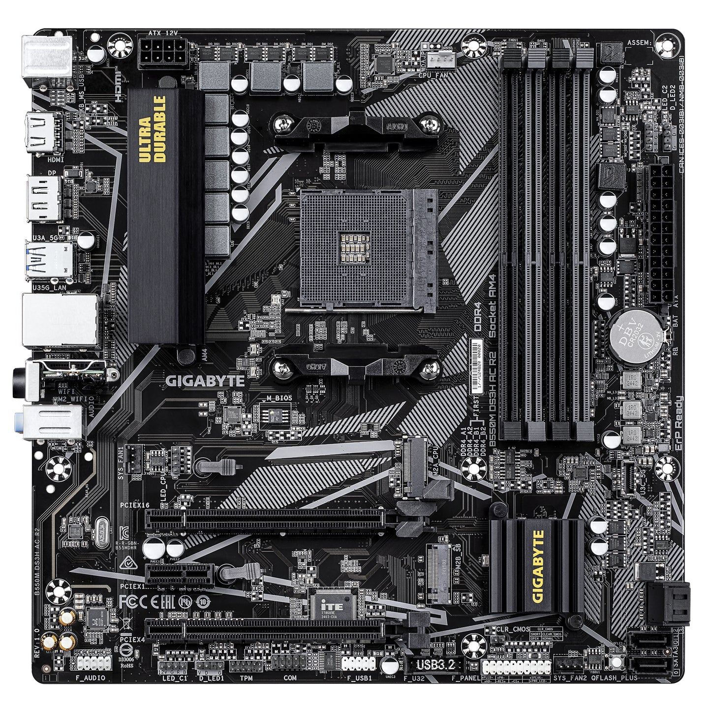 GIGABYTE B550M DS3H AC R2 Placa base - Procesadores AMD Ryzen 5000, VRM de 5+3 fases, hasta 4733 MHz DDR4 (O.C.), 1x M.2 PCIe 4.0 + 1x M.2 PCIe 3.0, Wi-Fi 5, LAN 1 GbE, USB 3.2 Gen 1