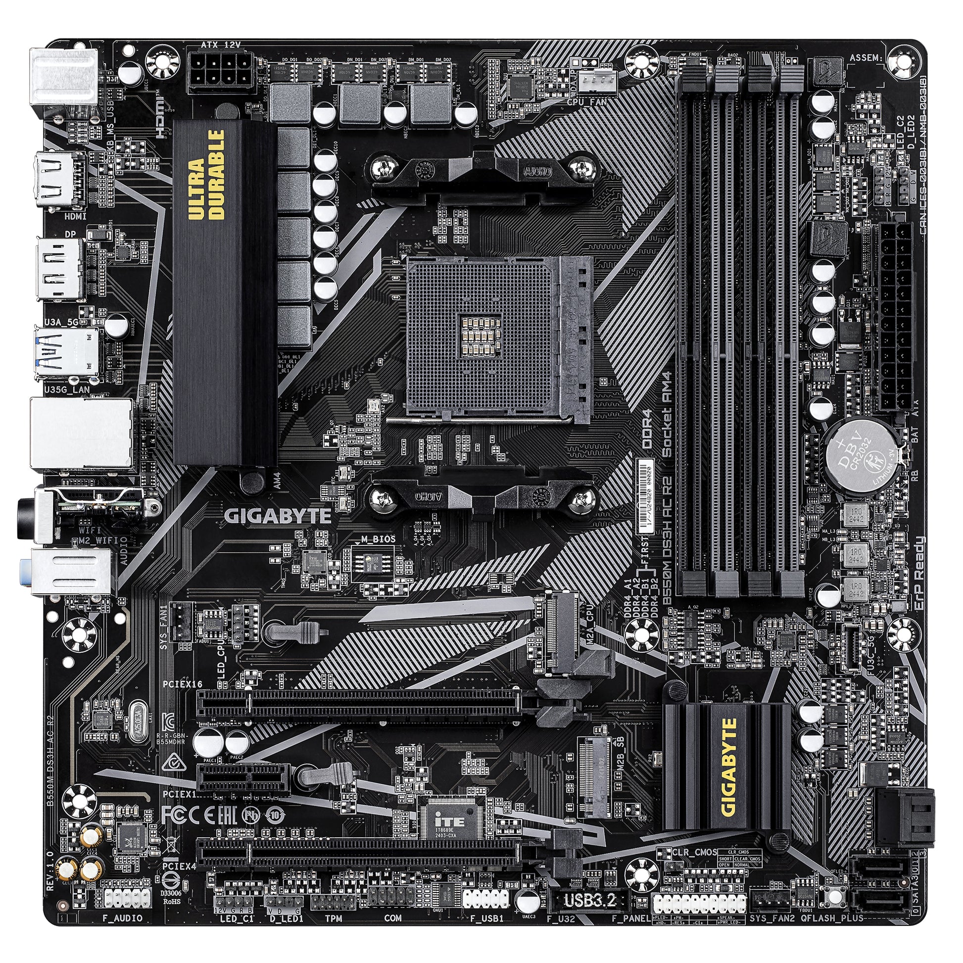 GIGABYTE B550M DS3H AC R2 Placa base - Procesadores AMD Ryzen 5000, VRM de 5+3 fases, hasta 4733 MHz DDR4 (O.C.), 1x M.2 PCIe 4.0 + 1x M.2 PCIe 3.0, Wi-Fi 5, LAN 1 GbE, USB 3.2 Gen 1