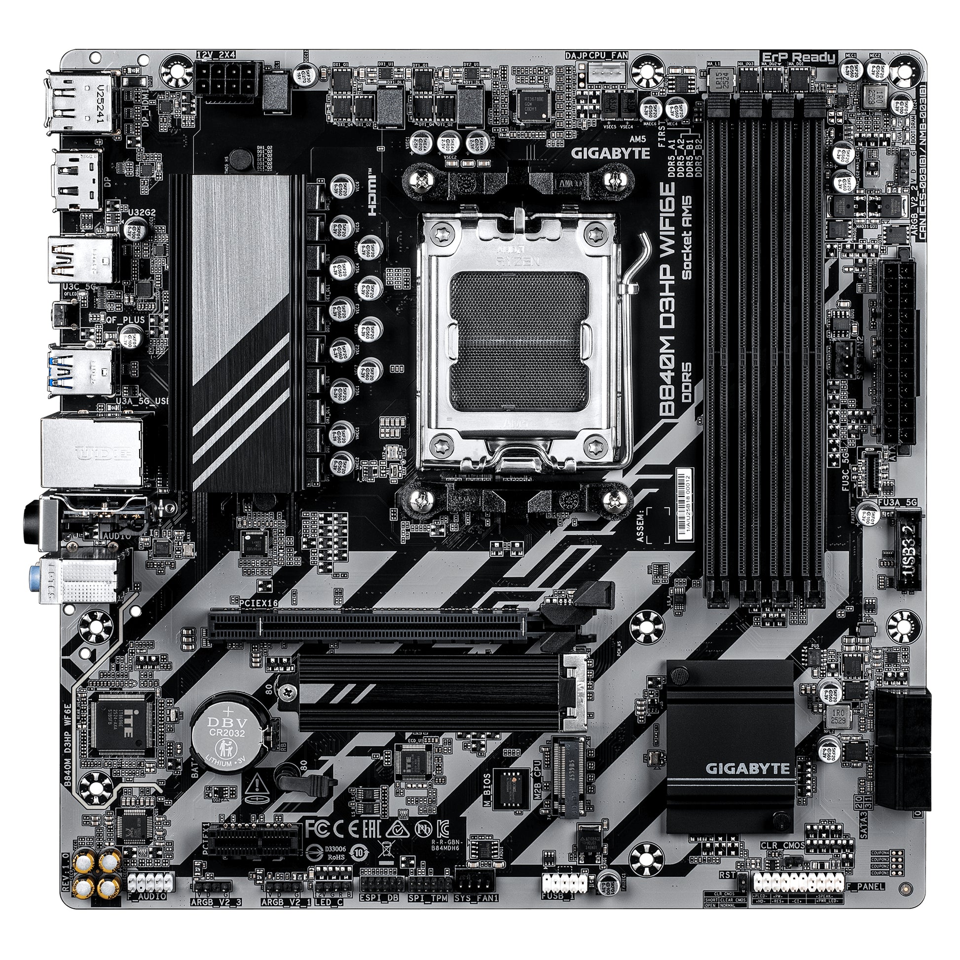 GIGABYTE B840M D3HP WIFI6E Placa Base – CPUs AMD Ryzen 9000, VRM de 8+2+2 fases, hasta 8200 MHz DDR5 (O.C.), 2× M.2 PCIe 4.0, Wi-Fi 6E, LAN 1 GbE, USB 3.2 Gen 2