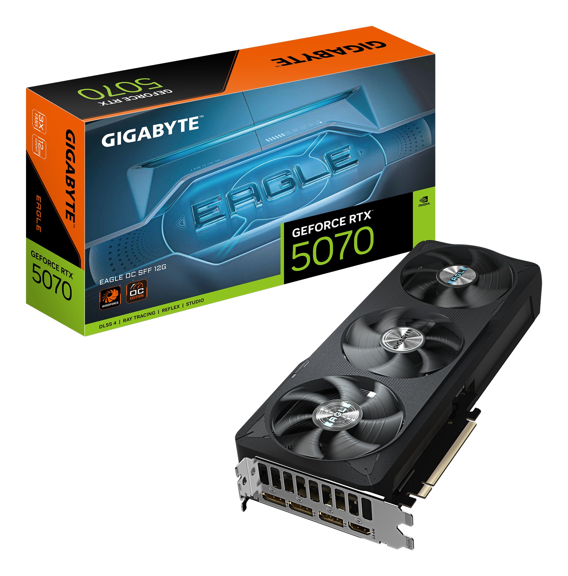 GIGABYTE GeForce RTX 5070 EAGLE OC SFF 12G Tarjeta Gráfica - 12GB GDDR7, 192 bits, PCI-E 5.0, 2587 MHz Core Clock, 3 x DP 2.1b, 1 x HDMI 2.1b, NVIDIA DLSS 4, GV-N5070EAGLE OC-12GD
