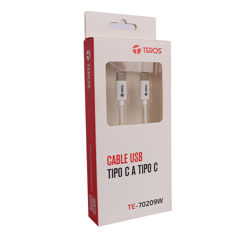 Cable Usb Teros Te-70209w, Tipo C A Tipo C, 3a, 60w Máx, Blanco Conecta Y Carga T