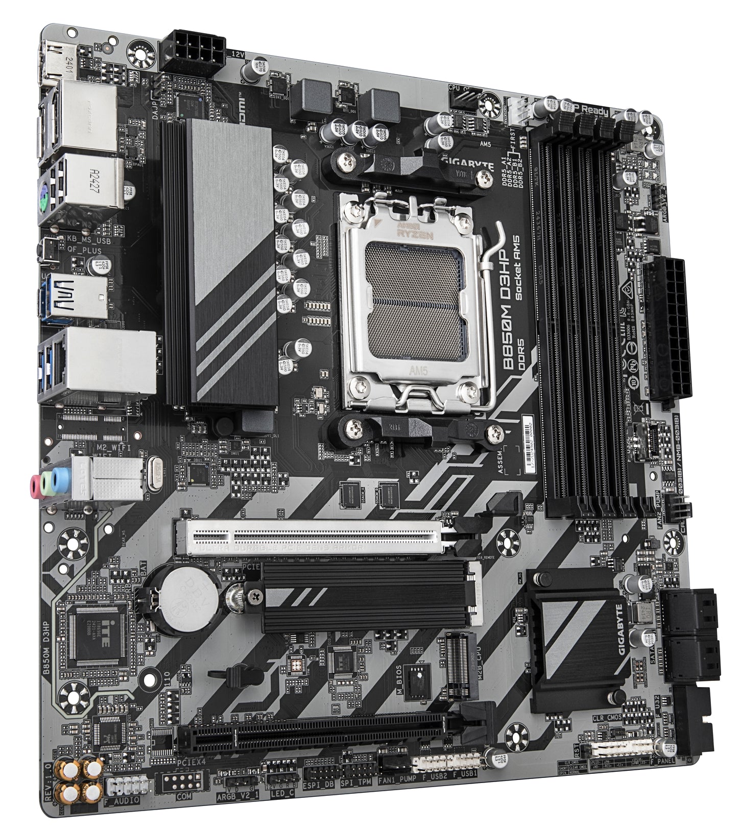 GIGABYTE B850M D3HP Placa Base - Procesadores AMD Ryzen Serie 9000, 5+2+2 fases VRM digitales, hasta 8200MHz DDR5 (OC), 1xPCIe 5.0 + 1xPCIe 4.0 M.2, LAN GbE, USB 3.2 Gen 2