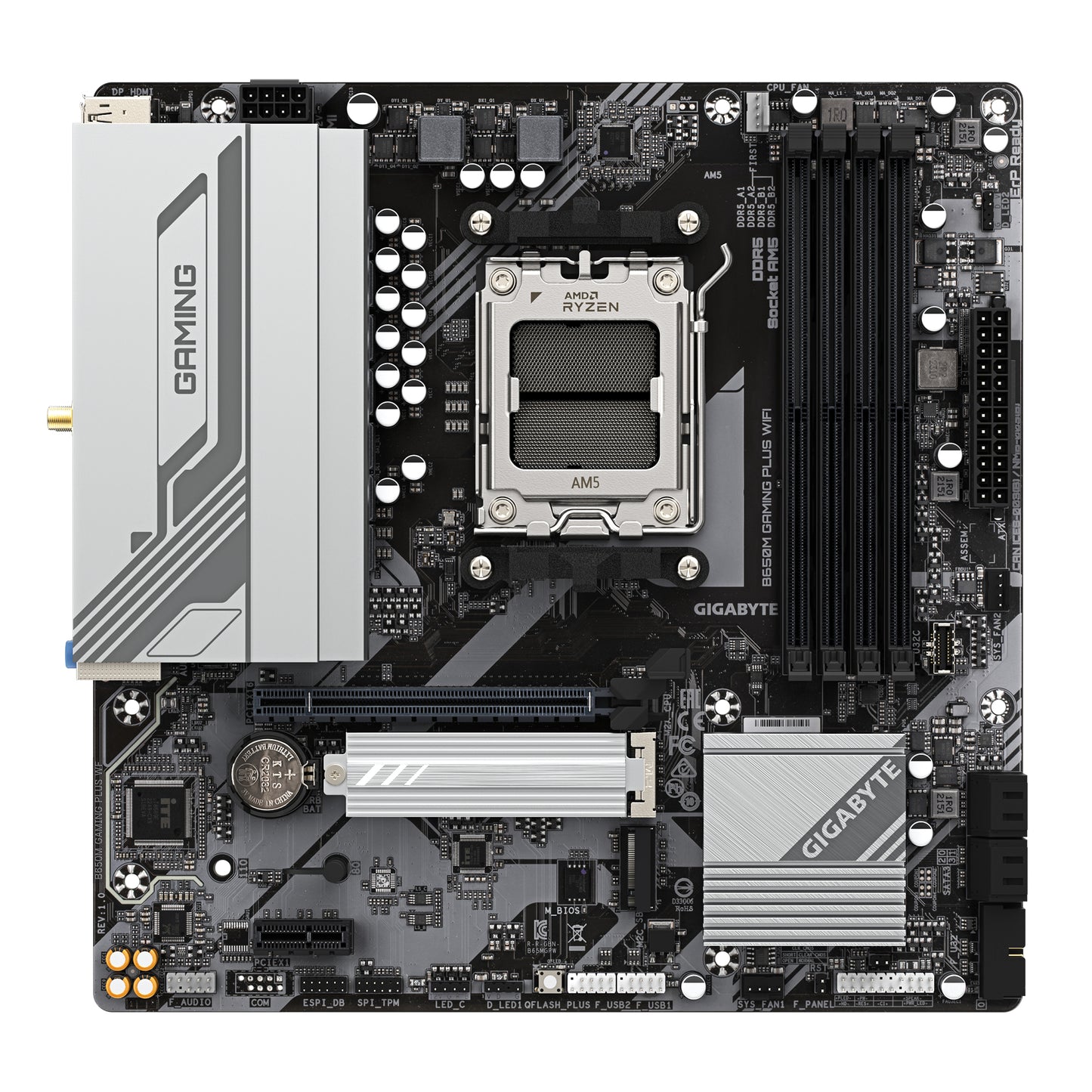 GIGABYTE B650M GAMING PLUS WIFI Placa base - Procesadores AMD Ryzen 9000, VRM de 5+2+2 fases, hasta 8000 MHz DDR5, 2xPCIe 4.0 M.2, LAN 2.5GbE, WIFI 6E, USB 3.2 Gen 1