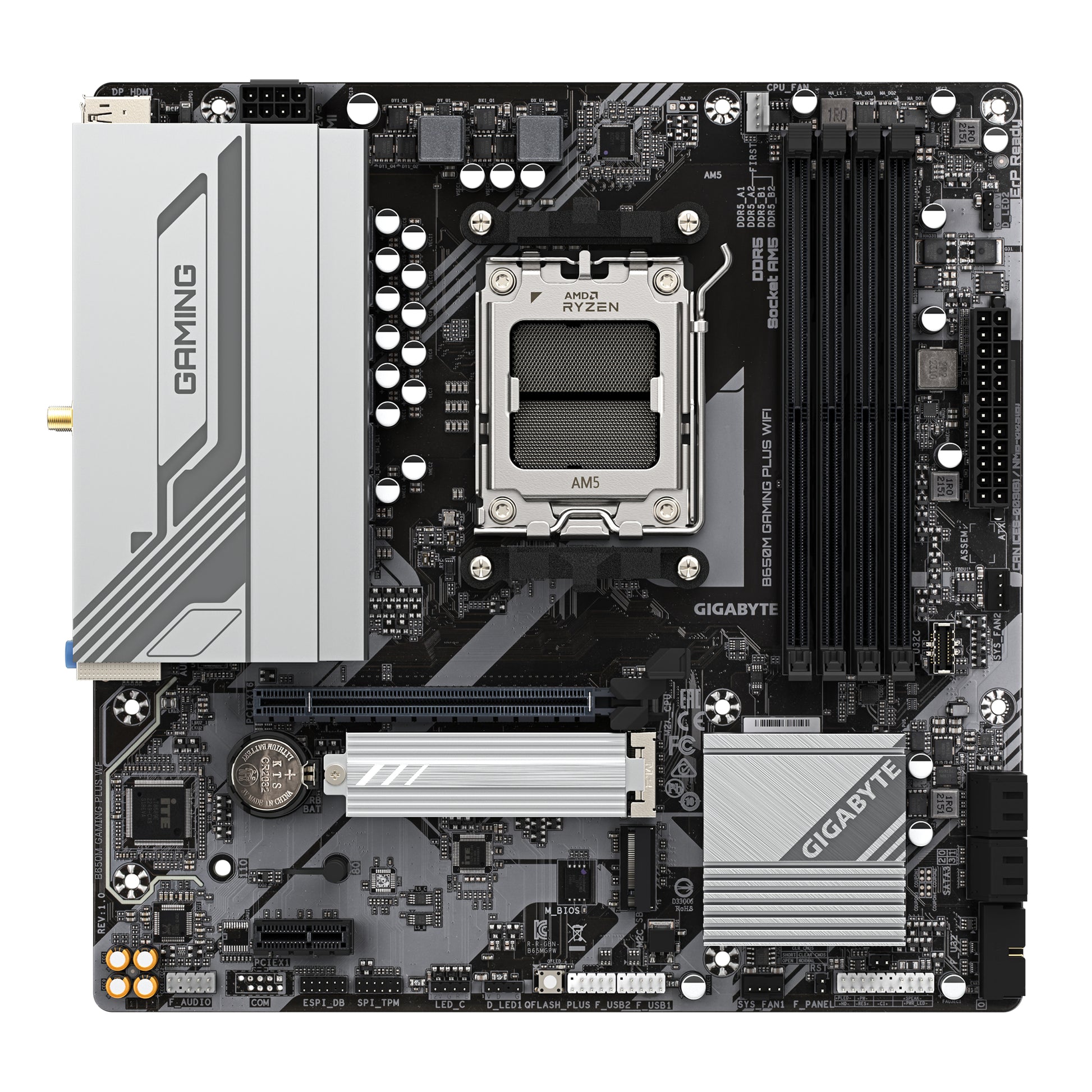 GIGABYTE B650M GAMING PLUS WIFI Placa base - Procesadores AMD Ryzen 9000, VRM de 5+2+2 fases, hasta 8000 MHz DDR5, 2xPCIe 4.0 M.2, LAN 2.5GbE, WIFI 6E, USB 3.2 Gen 1