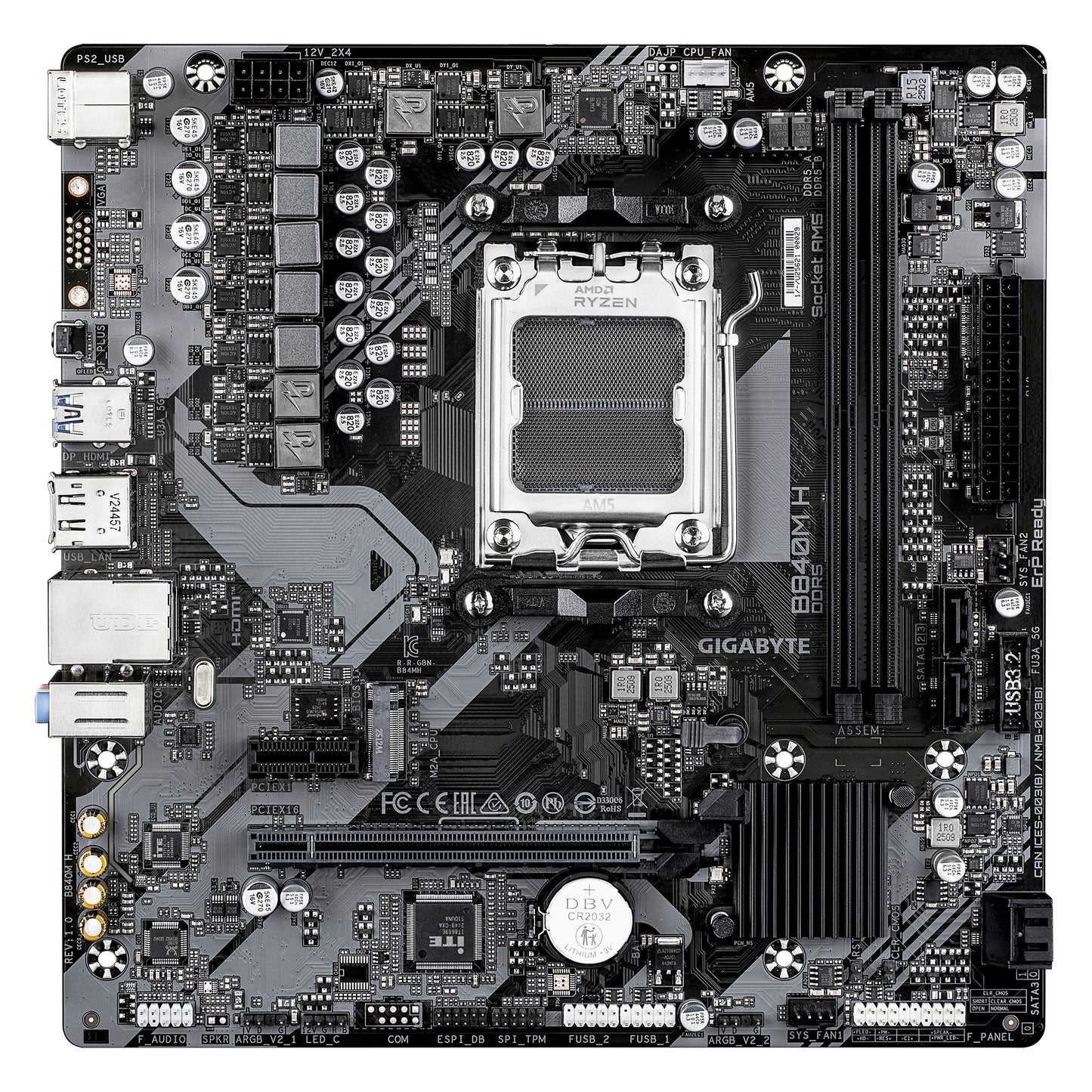 GIGABYTE B840M H Placa Base - Procesadores AMD Ryzen 9000, VRM de 5+2+2 fases, hasta 7200MHz DDR5 (O.C), 1xPCIe 4.0 M.2, LAN 1GbE, USB 3.2 Gen 1
