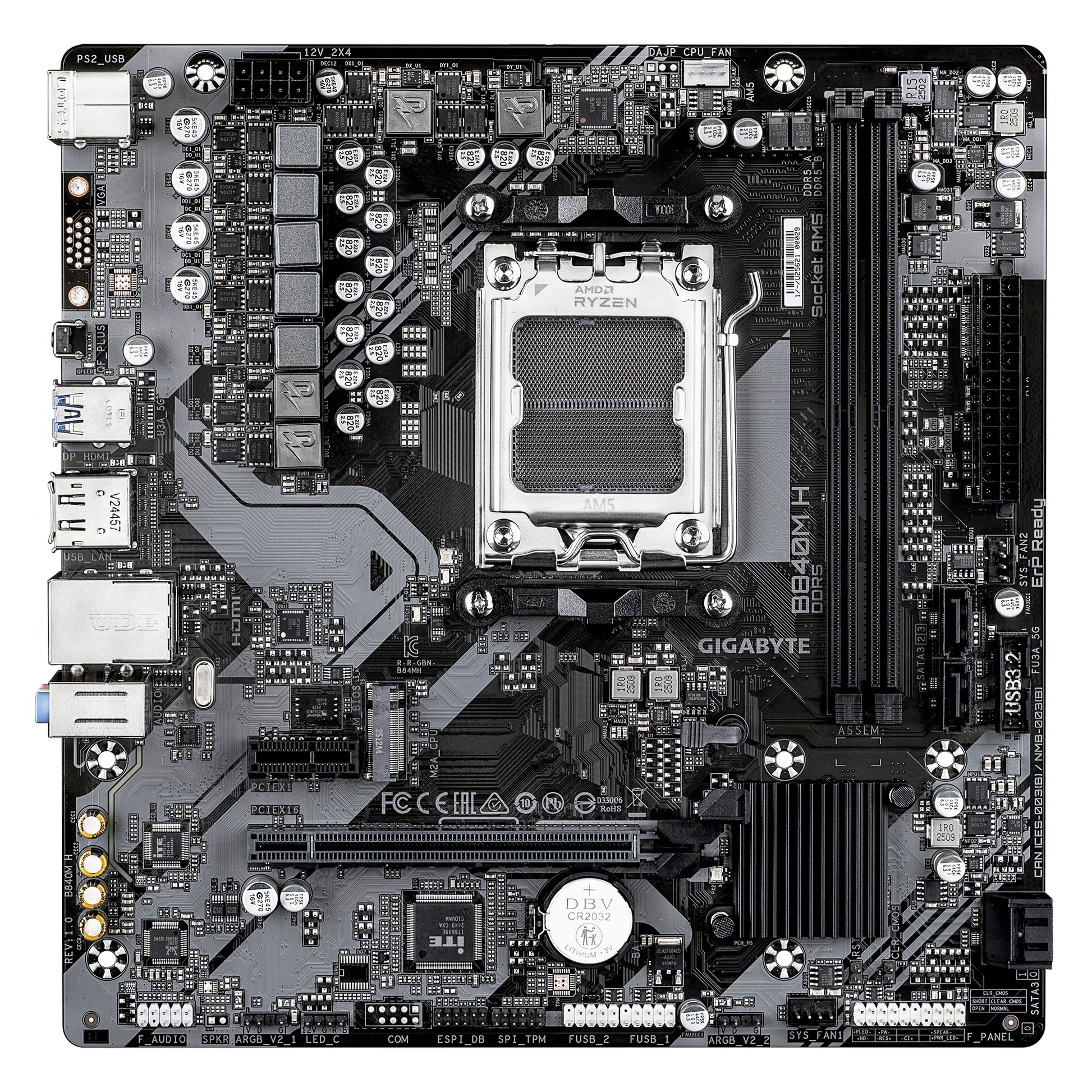 GIGABYTE B840M H Placa Base - Procesadores AMD Ryzen 9000, VRM de 5+2+2 fases, hasta 7200MHz DDR5 (O.C), 1xPCIe 4.0 M.2, LAN 1GbE, USB 3.2 Gen 1