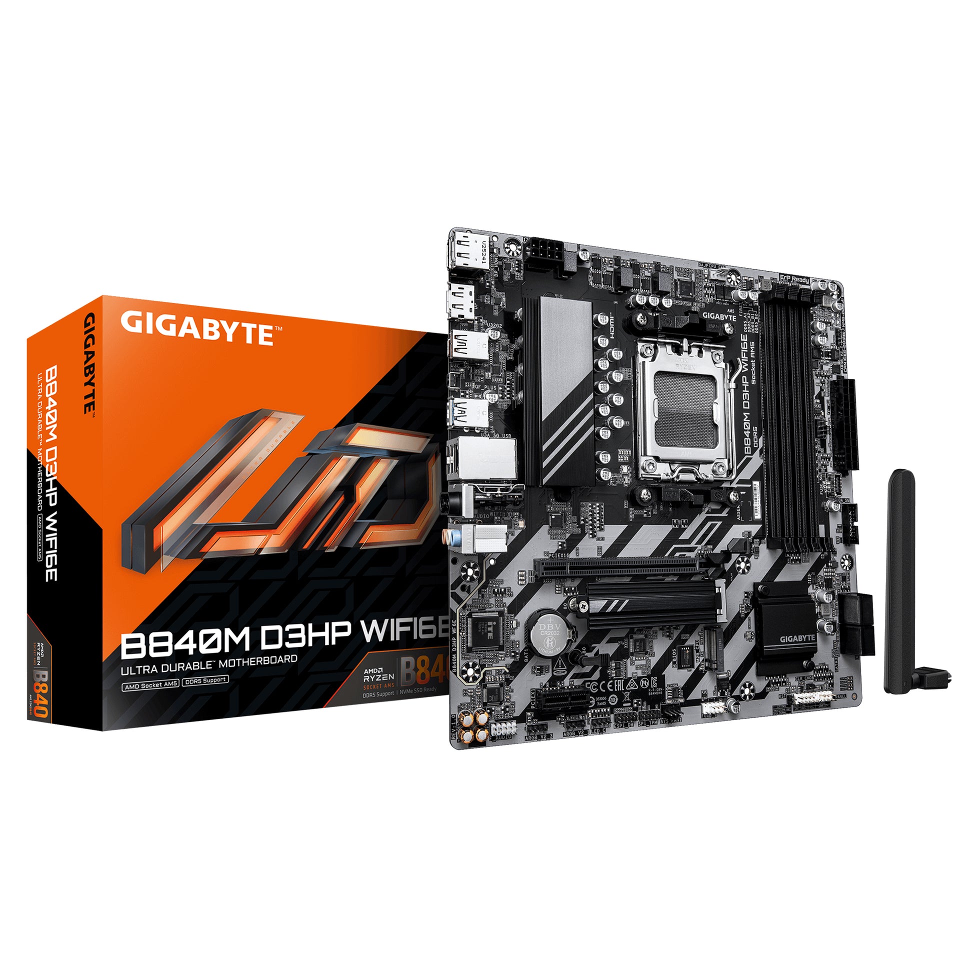GIGABYTE B840M D3HP WIFI6E Placa Base – CPUs AMD Ryzen 9000, VRM de 8+2+2 fases, hasta 8200 MHz DDR5 (O.C.), 2× M.2 PCIe 4.0, Wi-Fi 6E, LAN 1 GbE, USB 3.2 Gen 2