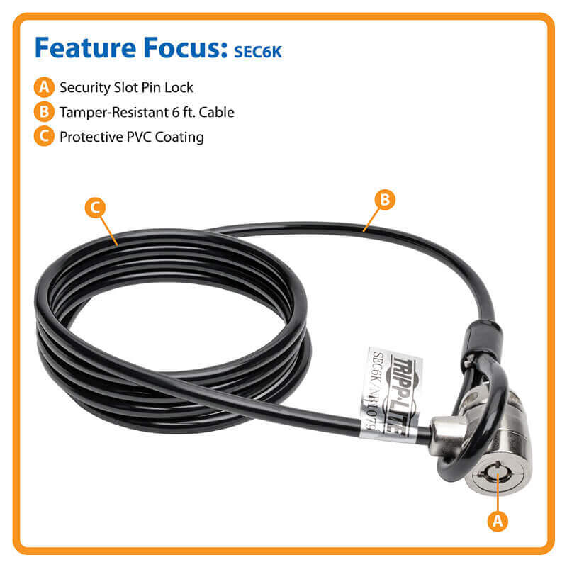 Cable De Seguridad Con Llave Para Laptop Tripp-lite Sec6k, 1.83 M, Negro. Cable A
