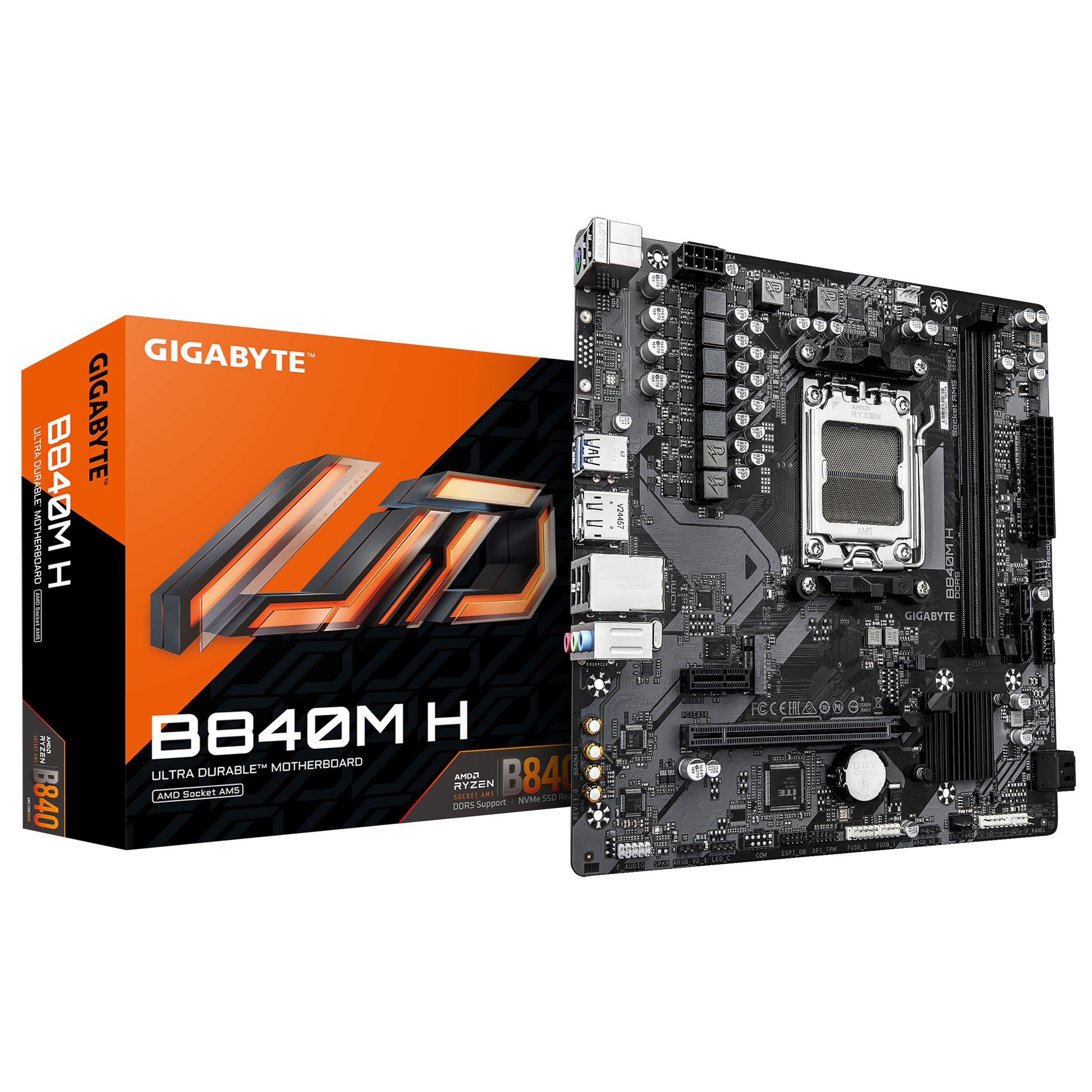 GIGABYTE B840M H Placa Base - Procesadores AMD Ryzen 9000, VRM de 5+2+2 fases, hasta 7200MHz DDR5 (O.C), 1xPCIe 4.0 M.2, LAN 1GbE, USB 3.2 Gen 1