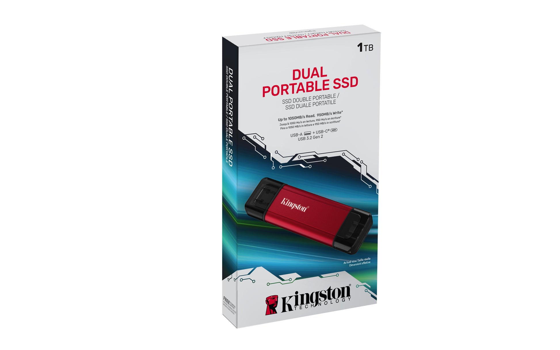 Kingston Technology 1TB Dual USB-A/C Portable SSD, Up to 1050MB/s USB 3.2 Gen 2