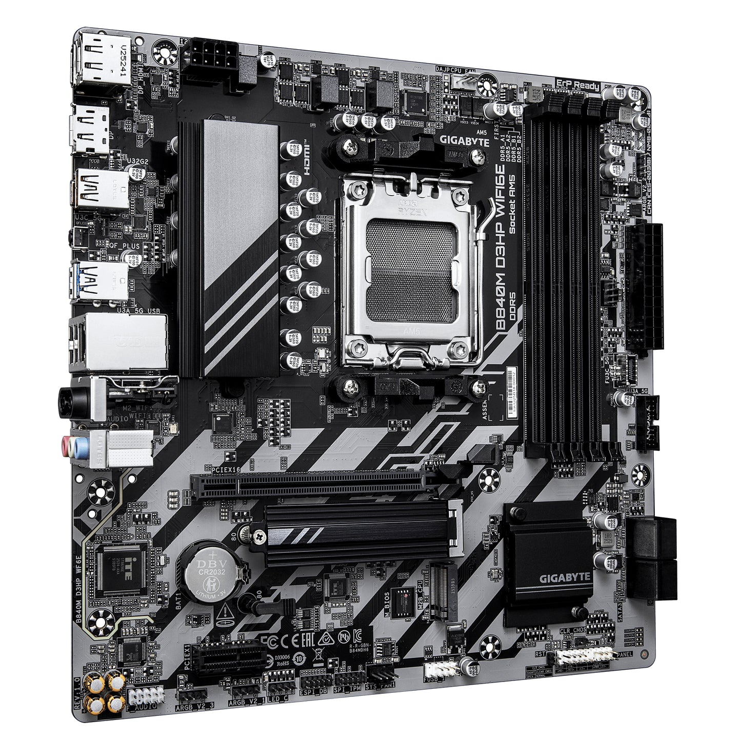 GIGABYTE B840M D3HP WIFI6E Placa Base – CPUs AMD Ryzen 9000, VRM de 8+2+2 fases, hasta 8200 MHz DDR5 (O.C.), 2× M.2 PCIe 4.0, Wi-Fi 6E, LAN 1 GbE, USB 3.2 Gen 2