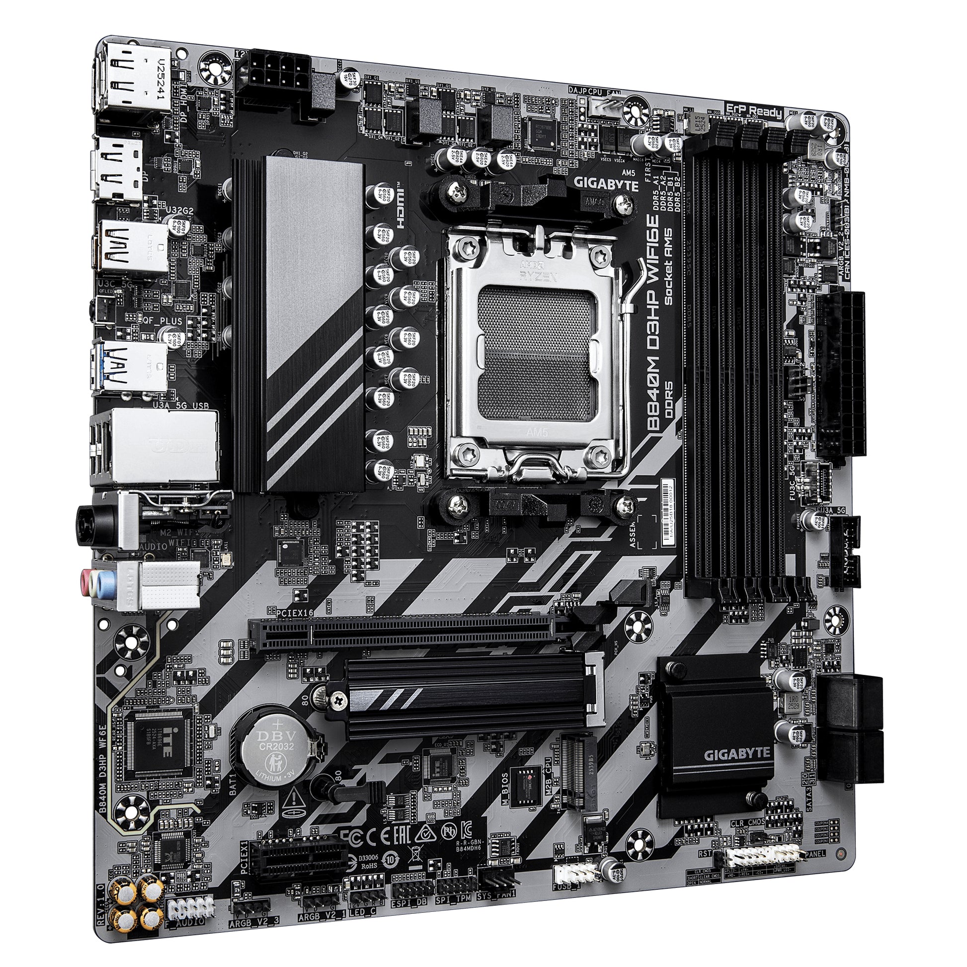 GIGABYTE B840M D3HP WIFI6E Placa Base – CPUs AMD Ryzen 9000, VRM de 8+2+2 fases, hasta 8200 MHz DDR5 (O.C.), 2× M.2 PCIe 4.0, Wi-Fi 6E, LAN 1 GbE, USB 3.2 Gen 2