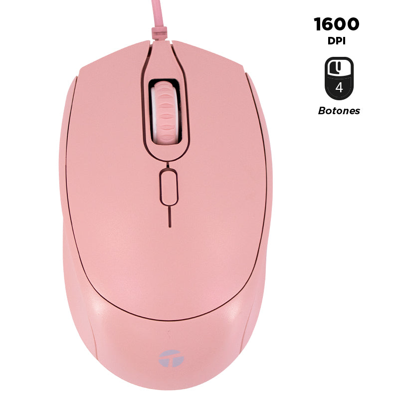 Mouse Óptico Teros Te-1226s, 800-1200-1600 Dpi, Usb, 4 Botones, Color Rosado Disf