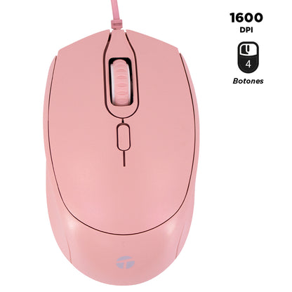 Mouse Óptico Teros Te-1226s, 800-1200-1600 Dpi, Usb, 4 Botones, Color Rosado Disf