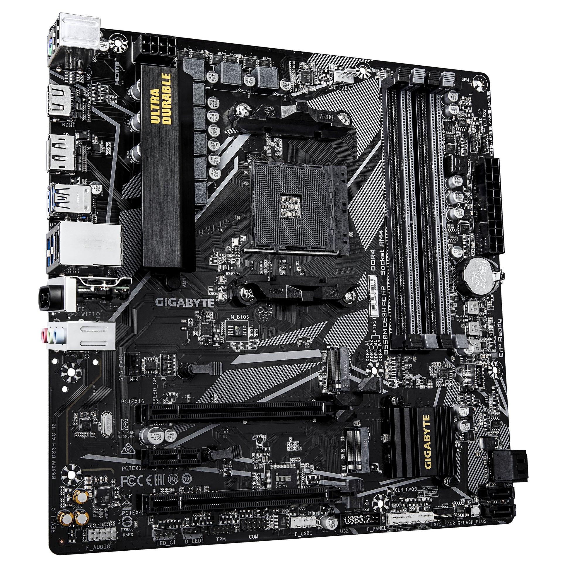 GIGABYTE B550M DS3H AC R2 Placa base - Procesadores AMD Ryzen 5000, VRM de 5+3 fases, hasta 4733 MHz DDR4 (O.C.), 1x M.2 PCIe 4.0 + 1x M.2 PCIe 3.0, Wi-Fi 5, LAN 1 GbE, USB 3.2 Gen 1