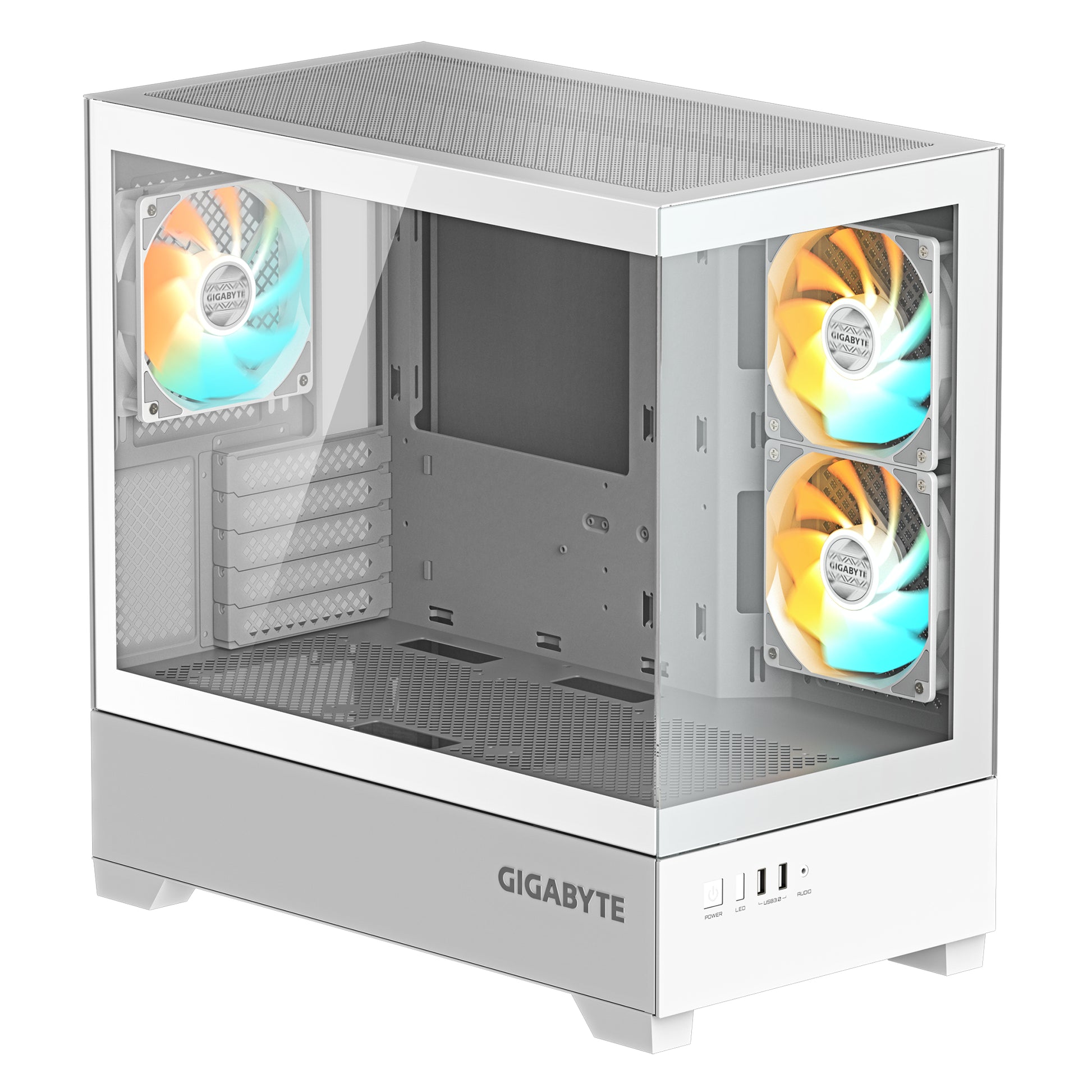 GIGABYTE C201 PANORAMIC ICE Caja para PC – Torre media, m-ATX, compatible con radiador de 360 mm, 3 ventiladores preinstalados, USB 3.0, compatible con RGB Fusion