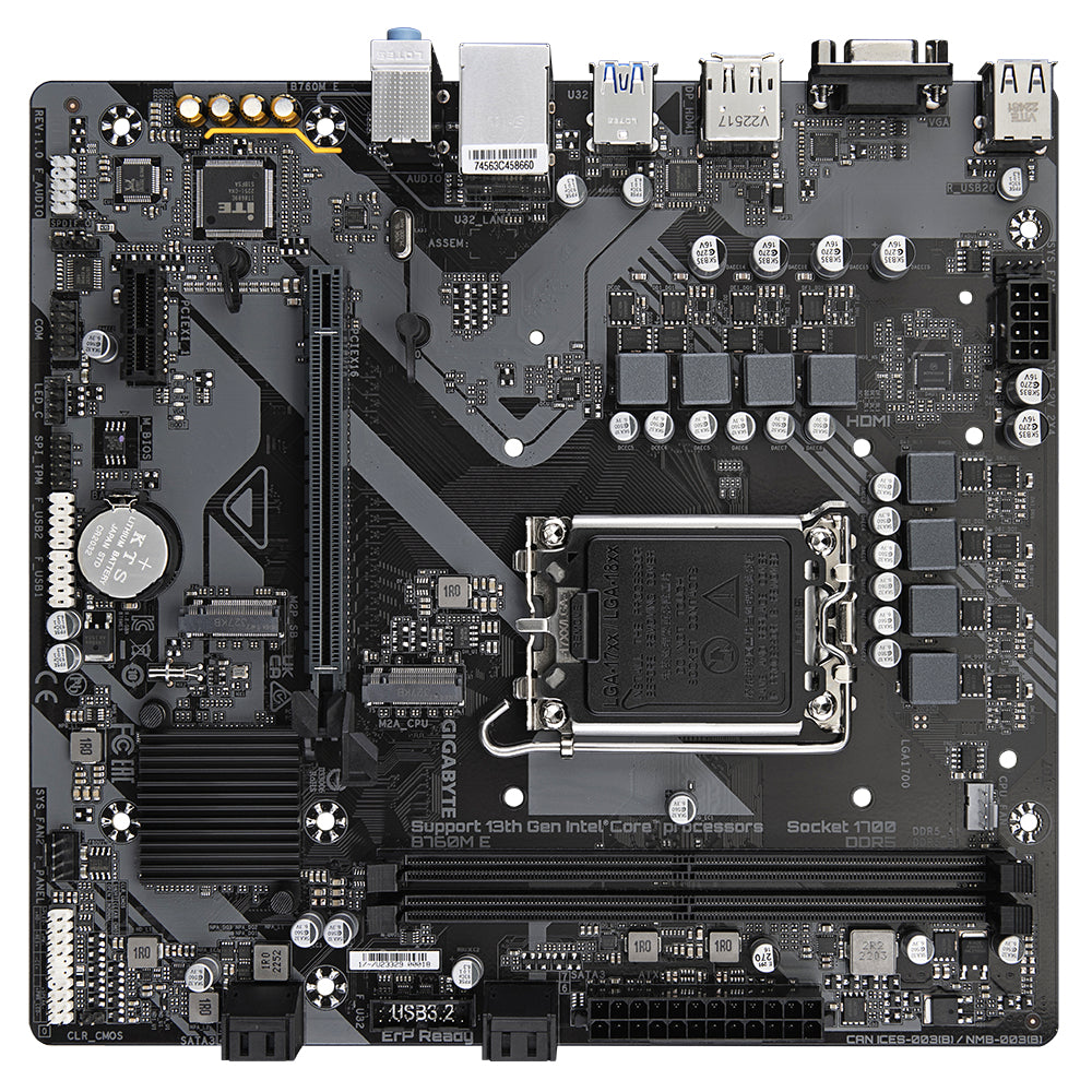 GIGABYTE B760M E Placa base - Compatible con procesadores Intel Core 14ª generación, VRM de 6+1+1 fases, hasta 7200 MHz DDR5 (OC), 2xPCIe 4.0 M.2, LAN 1 GbE, USB 3.2 Gen 1