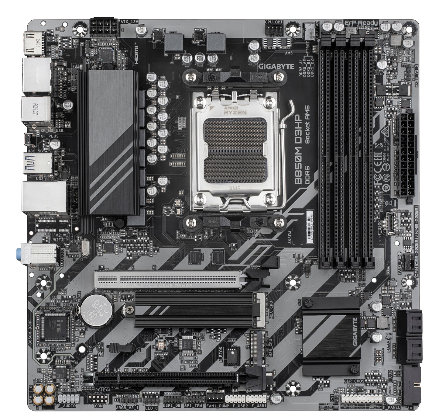 GIGABYTE B850M D3HP Placa Base - Procesadores AMD Ryzen Serie 9000, 5+2+2 fases VRM digitales, hasta 8200MHz DDR5 (OC), 1xPCIe 5.0 + 1xPCIe 4.0 M.2, LAN GbE, USB 3.2 Gen 2