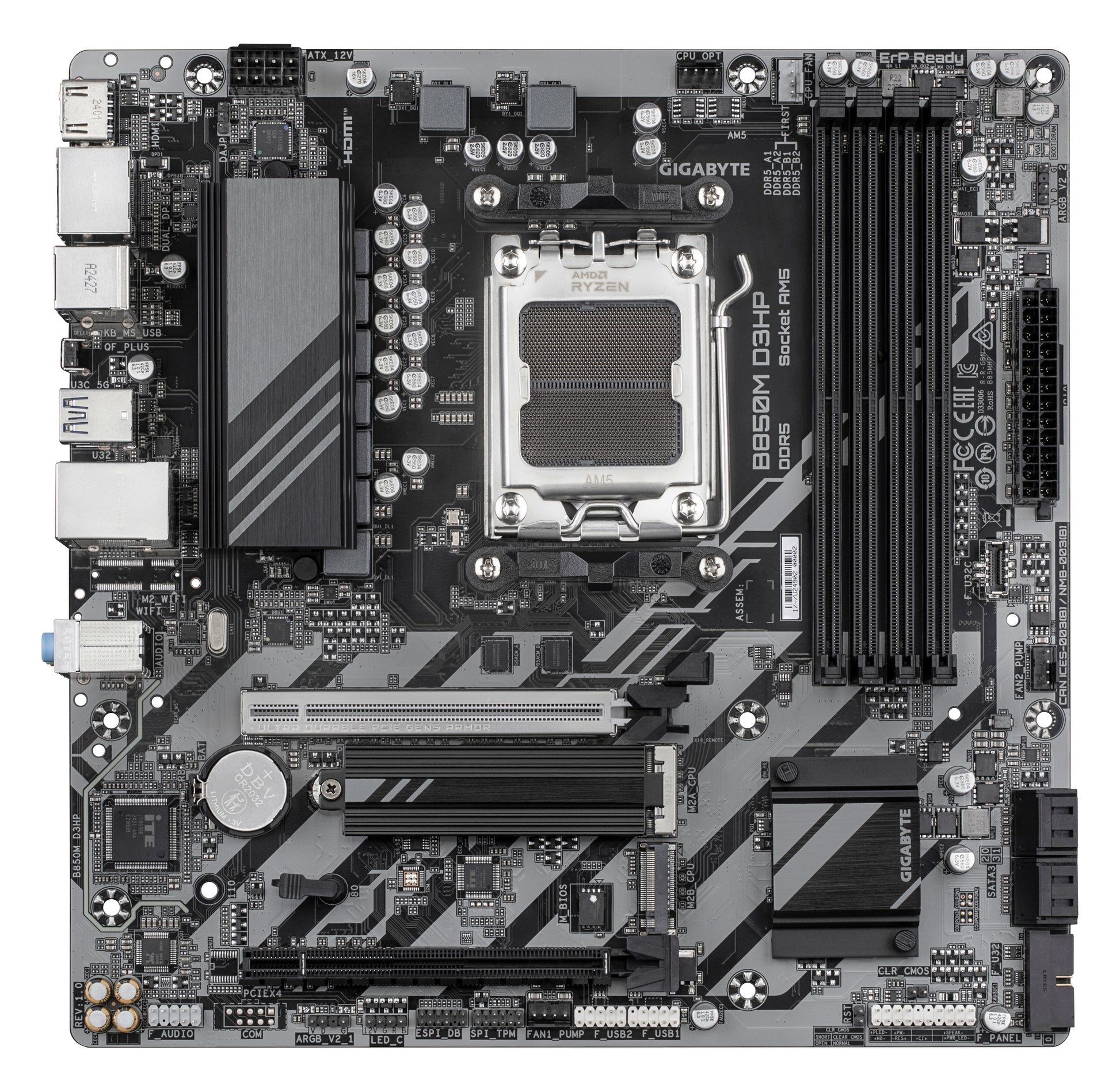 GIGABYTE B850M D3HP Placa Base - Procesadores AMD Ryzen Serie 9000, 5+2+2 fases VRM digitales, hasta 8200MHz DDR5 (OC), 1xPCIe 5.0 + 1xPCIe 4.0 M.2, LAN GbE, USB 3.2 Gen 2