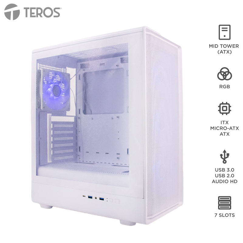 Case Sin Fuente Gamer Teros Te-1329g, Itx, M-atx,atx, 3.5 Y 2.5, Blanco Arma Tu