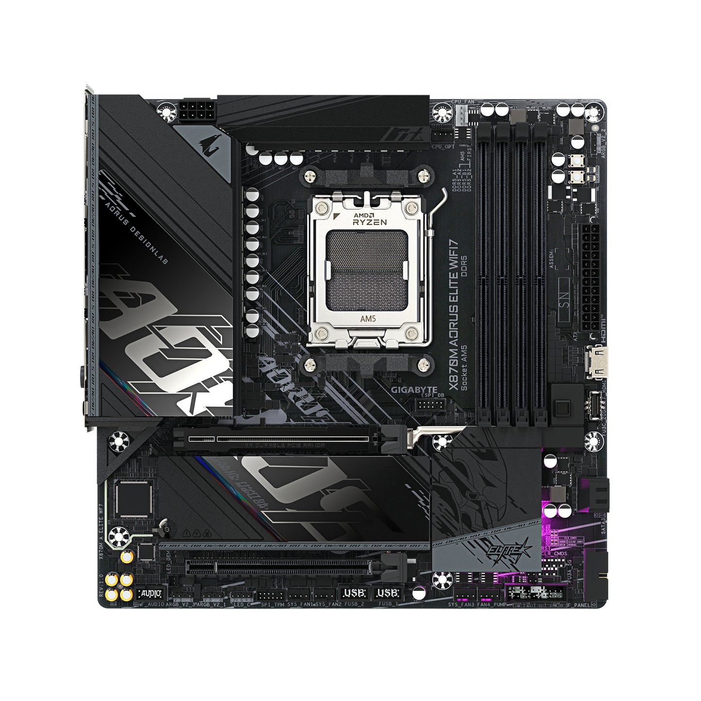 GIGABYTE X870M AORUS ELITE WIFI7 Placa Base – Compatible con procesadores AMD Ryzen 9000, VRM digital de 14+2+2 fases, hasta 8200 MHz DDR5 (OC), 1 x PCIe 5.0 + 1 x PCIe 4.0, Wi-Fi 7, LAN 2.5 GbE, USB 4