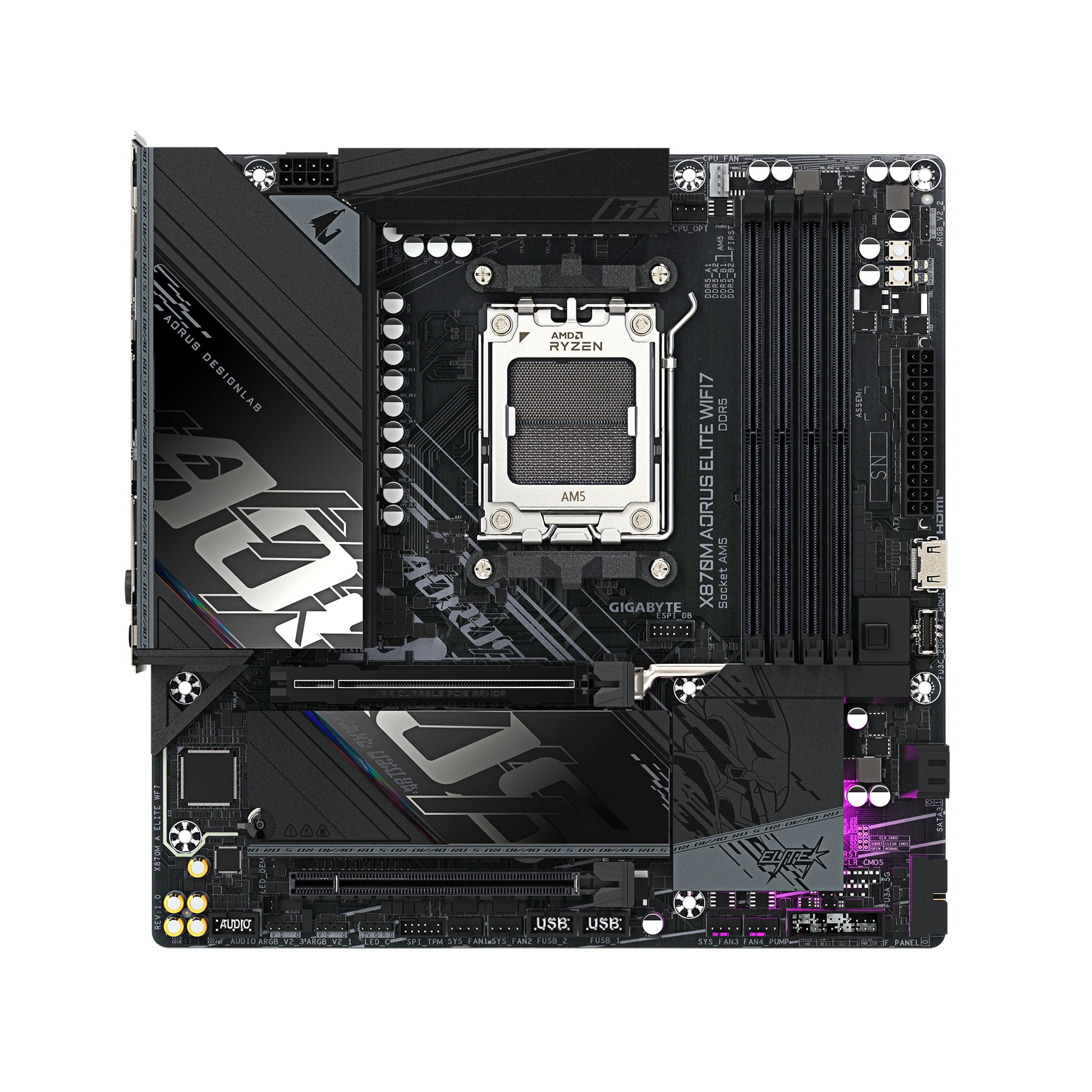 GIGABYTE X870M AORUS ELITE WIFI7 Placa Base – Compatible con procesadores AMD Ryzen 9000, VRM digital de 14+2+2 fases, hasta 8200 MHz DDR5 (OC), 1 x PCIe 5.0 + 1 x PCIe 4.0, Wi-Fi 7, LAN 2.5 GbE, USB 4