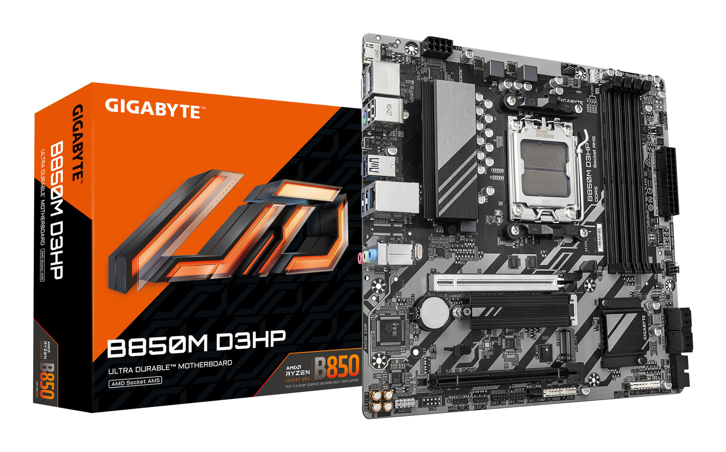 GIGABYTE B850M D3HP Placa Base - Procesadores AMD Ryzen Serie 9000, 5+2+2 fases VRM digitales, hasta 8200MHz DDR5 (OC), 1xPCIe 5.0 + 1xPCIe 4.0 M.2, LAN GbE, USB 3.2 Gen 2