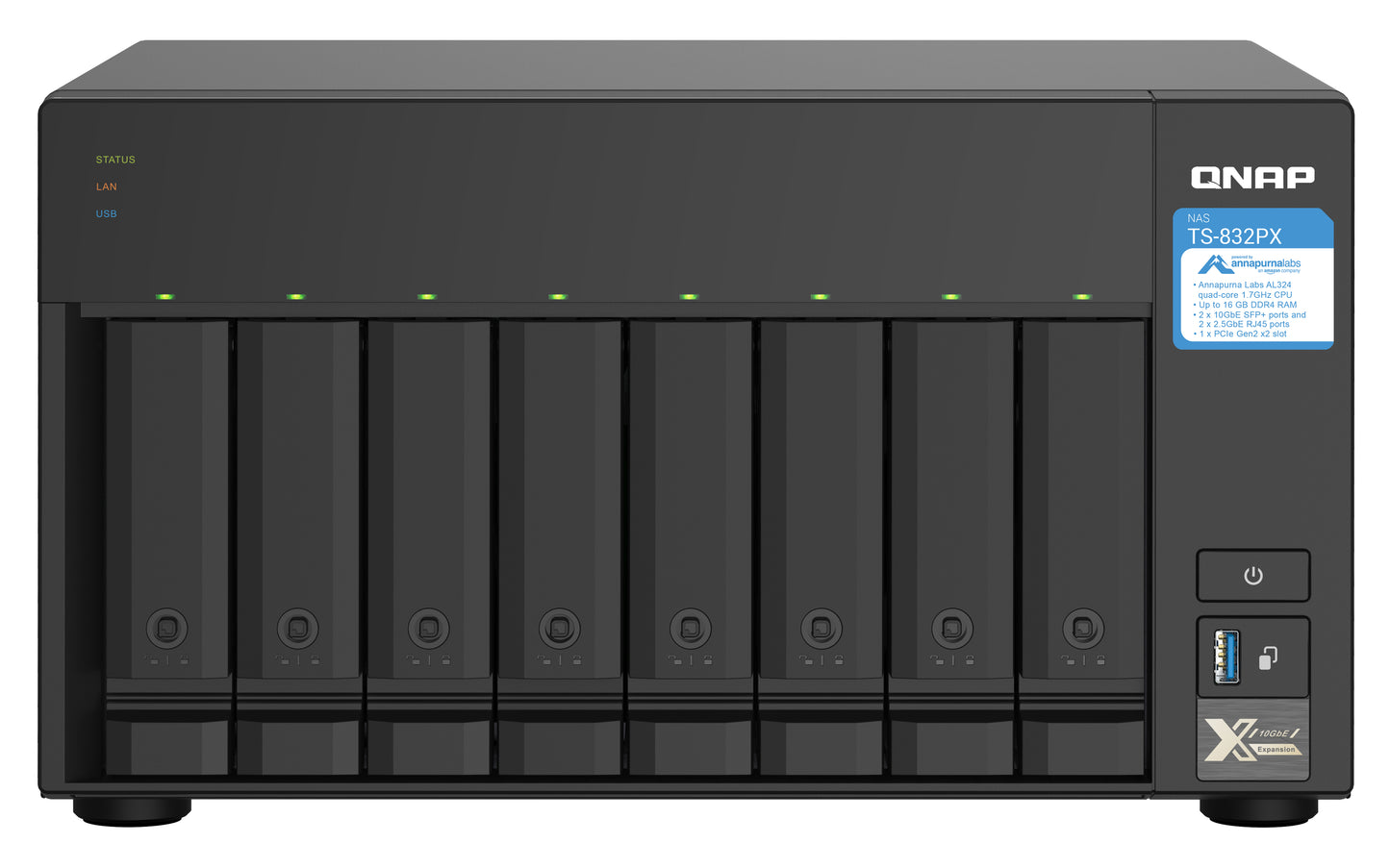 QNAP TS-832PX NAS Torre Annapurna Labs AL324 4 GB DDR4 0 TB QNAP Turbo System Aluminio, Negro