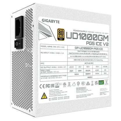 GIGABYTE UD1000GM PG5 V2 ICE Fuente de Alimentación – PCIe Gen 5.1, 80 PLUS Gold, Diseño completamente modular, Ventilador de 120 mm, Compatible con ATX 3.1, Enchufe EU