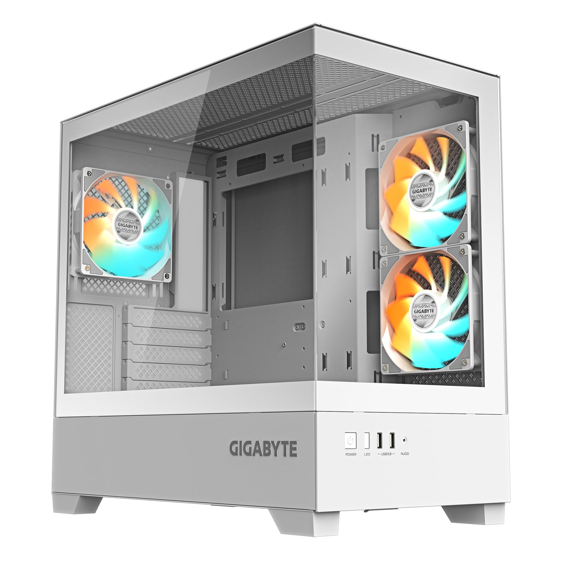 GIGABYTE C201 PANORAMIC ICE Caja para PC – Torre media, m-ATX, compatible con radiador de 360 mm, 3 ventiladores preinstalados, USB 3.0, compatible con RGB Fusion