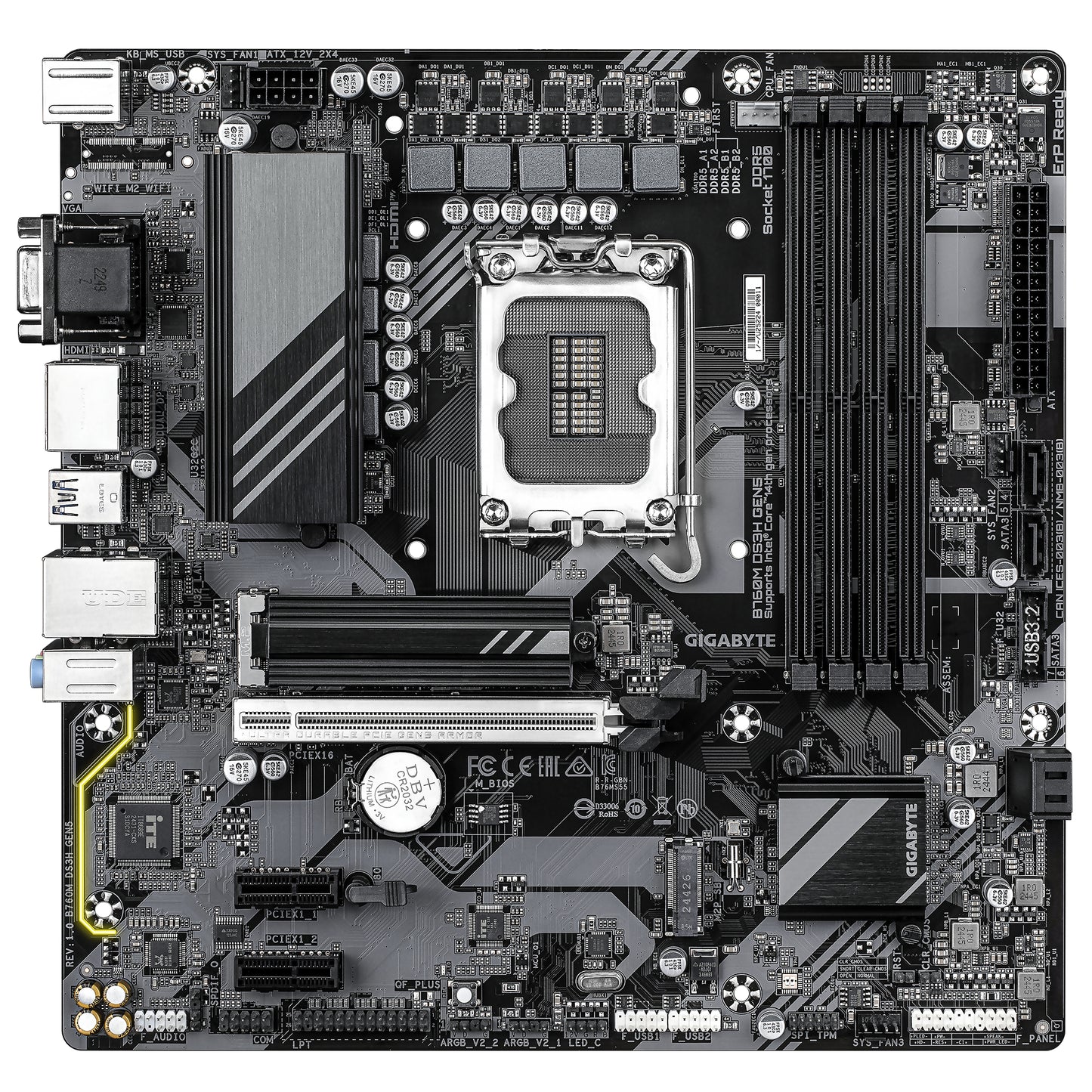 GIGABYTE B760M DS3H GEN5 Placa Base – Compatible con CPUs Intel Core 14ª generación, VRM digital de 6+2+1 fases, hasta 5600 MHz DDR5, 2 x M.2 PCIe 4.0, LAN 2.5GbE, USB 3.2 Gen2