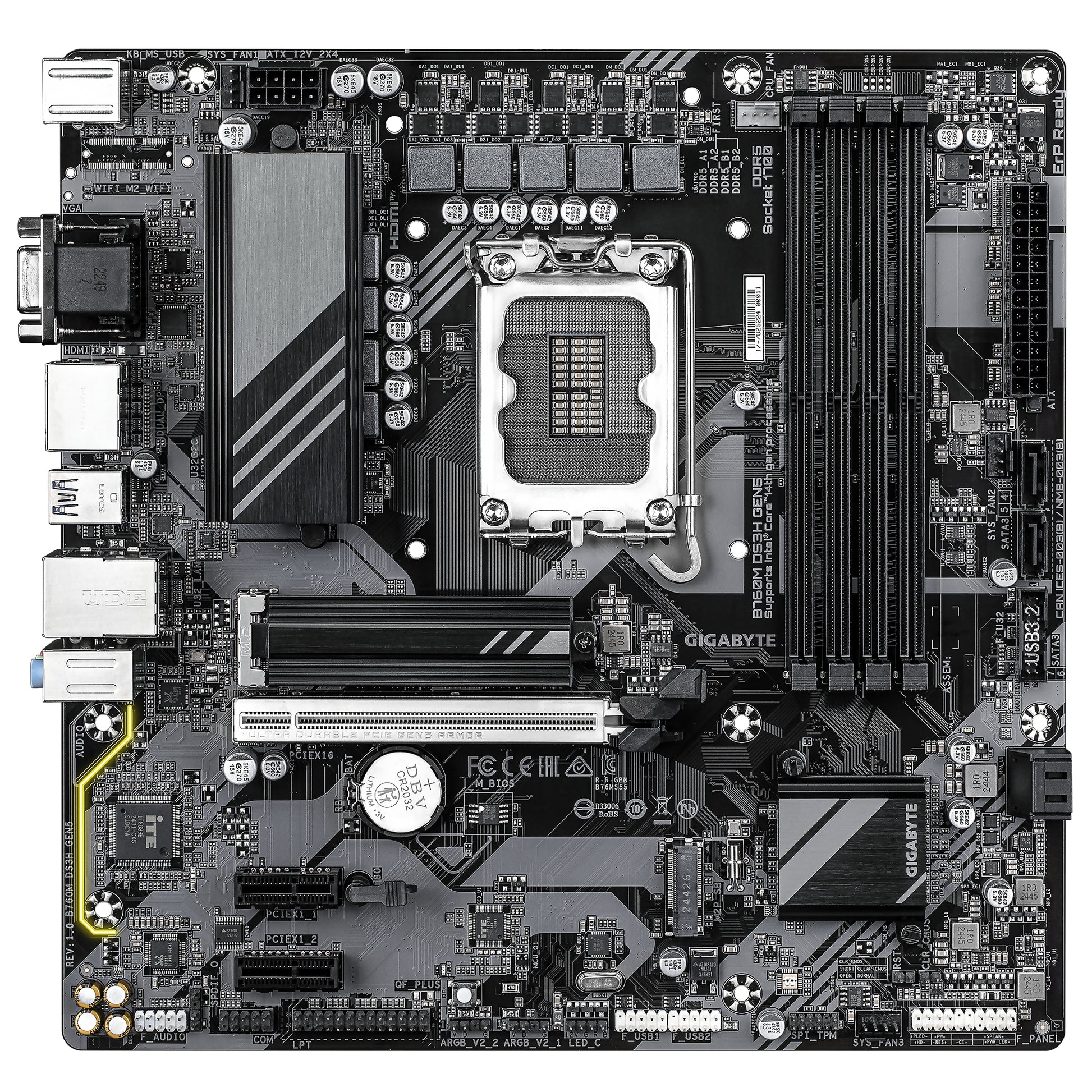 GIGABYTE B760M DS3H GEN5 Placa Base – Compatible con CPUs Intel Core 14ª generación, VRM digital de 6+2+1 fases, hasta 5600 MHz DDR5, 2 x M.2 PCIe 4.0, LAN 2.5GbE, USB 3.2 Gen2