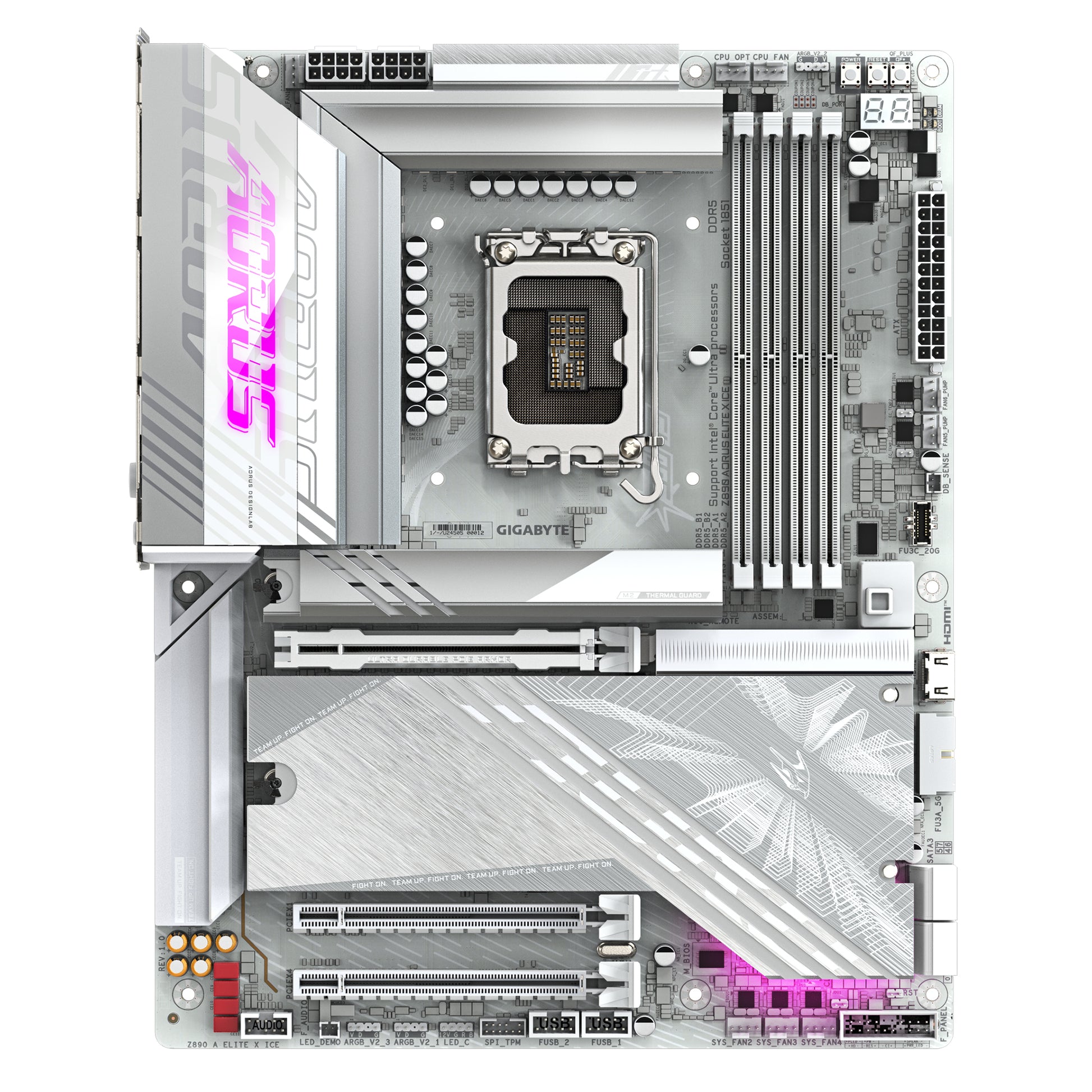 GIGABYTE Placa base Z890 AORUS ELITE X ICE - Compatible con CPUs Intel Core Ultra (Serie 2), VRM de 16+1+2 fases, hasta 9500MHz DDR5 (OC), 1xPCIe 5.0 + 4xPCIe 4.0, Wi-Fi 7, LAN 2.5GbE, Thunderbolt 4