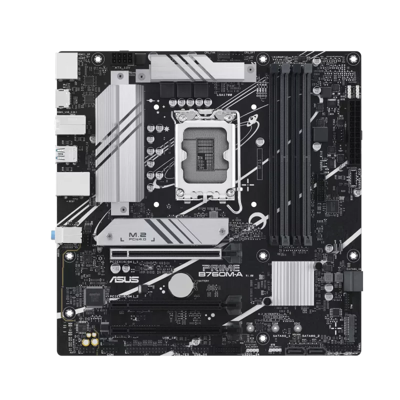 Tarjeta madre Intel® B760 (LGA 1700) mATX con PCIe 4.0, DDR5, dos ranuras M.2, Realtek 2.5Gb Ethernet, DisplayPort, Dual HDMI™, SATA 6 Gbps, USB 3.2 Gen 2 trasero, USB 3.2 Gen 1 Tipo-C® frontal, Aura Sync